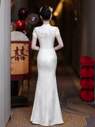 Beth and Brian Qipao-WX Mia White Jacquard Satin Mermaid Long Cheongsam