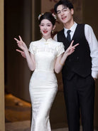Beth and Brian Qipao-WX Mia White Jacquard Satin Mermaid Long Cheongsam