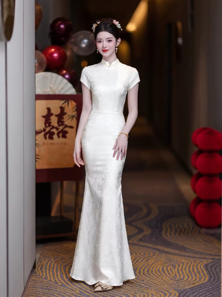 Beth and Brian Qipao-WX Mia White Jacquard Satin Mermaid Long Cheongsam