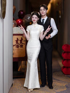 Beth and Brian Qipao-WX Mia White Jacquard Satin Mermaid Long Cheongsam