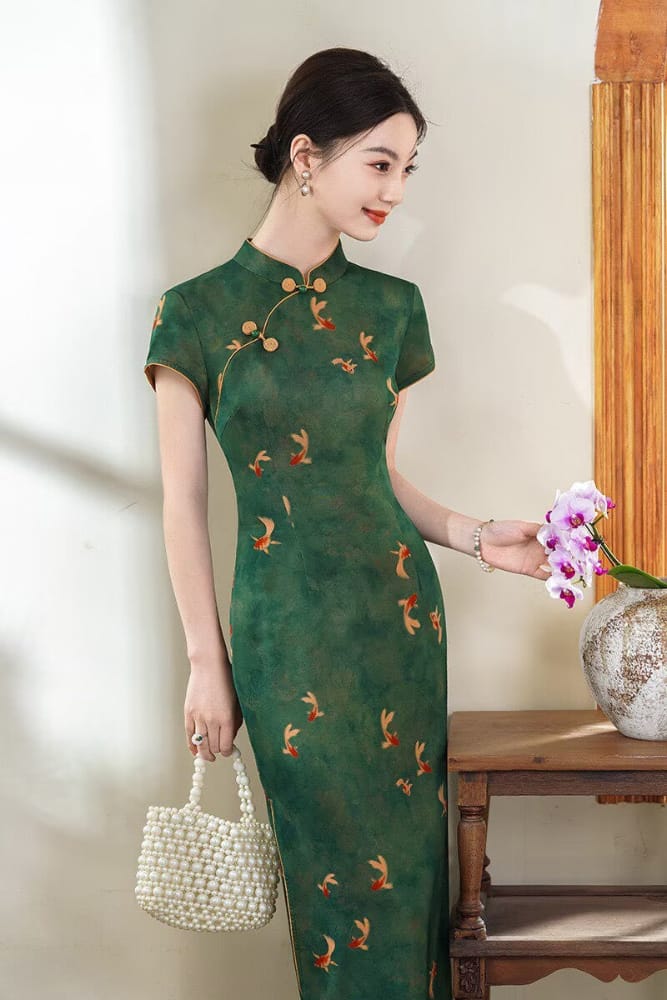 Beth and Brian Qipao-XL Chloe Women's Brocade Mid-Length Goldfish Print Cheongsam Dress