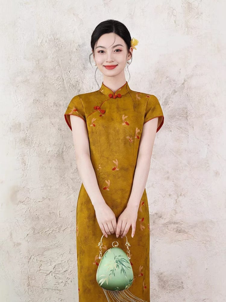Beth and Brian Qipao-XL Chloe Women's Brocade Mid-Length Goldfish Print Cheongsam Dress