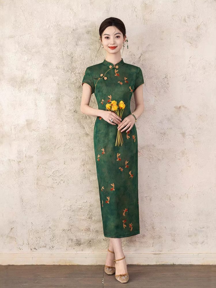 Beth and Brian Qipao-XL Chloe Women's Brocade Mid-Length Goldfish Print Cheongsam Dress