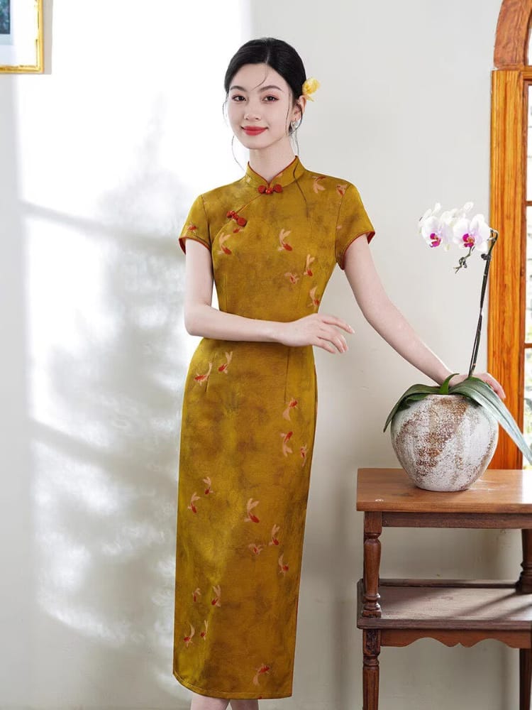 Beth and Brian Qipao-XL Chloe Women's Brocade Mid-Length Goldfish Print Cheongsam Dress
