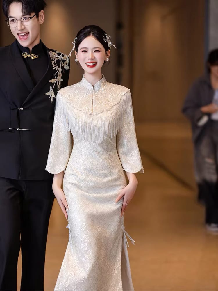 Beth and Brian Qipao-JY Zoe Lace Long Cheongsam with Cloud Shoulder Cape