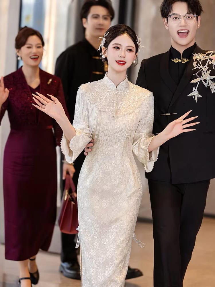 Beth and Brian Qipao-JY Zoe Lace Long Cheongsam with Cloud Shoulder Cape