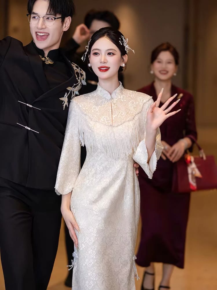 Beth and Brian Qipao-JY Zoe Lace Long Cheongsam with Cloud Shoulder Cape