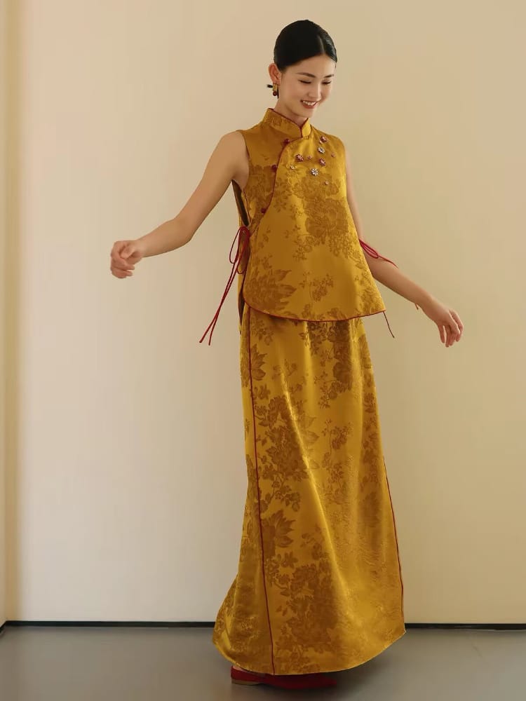 Beth and Brian Qipao-JY Brocade Satin Long Cheongsam with Top Set | Bespoke avalible