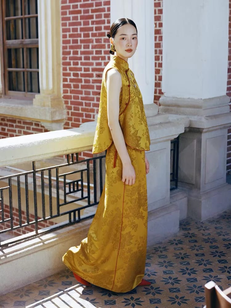 Beth and Brian Qipao-JY Brocade Satin Long Cheongsam with Top Set | Bespoke avalible