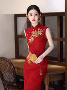 Beth and Brian Qipao-QHM Ivy Sleeveless Wine Red Cheongsam with Golden Bamboo Embroidery