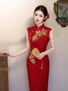 Beth and Brian Qipao-QHM Ivy Sleeveless Wine Red Cheongsam with Golden Bamboo Embroidery