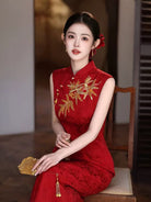 Beth and Brian Qipao-QHM Ivy Sleeveless Wine Red Cheongsam with Golden Bamboo Embroidery