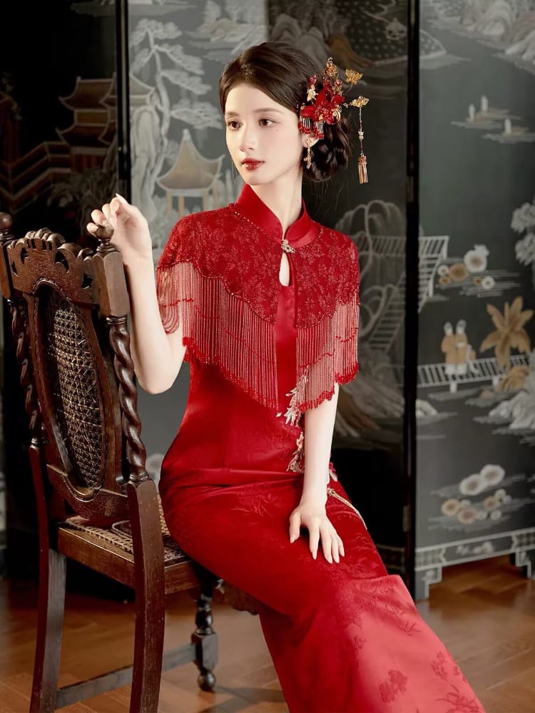 Beth and Brian Qipao-QHM Mia Floral Embroidery Jacquard Satin Cheongsam with Fringe Lace Cape Set