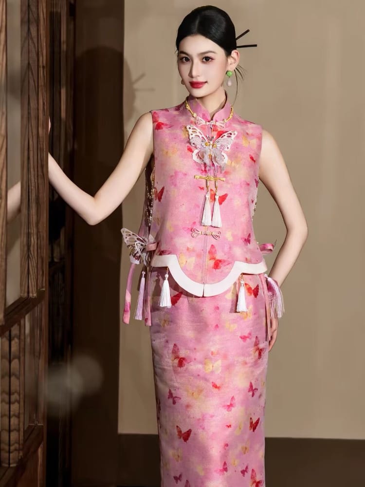 Beth and Brian Qipao-JY Lily Butterfly Print Brocade Satin Cheongsam set | Bespoke avalible
