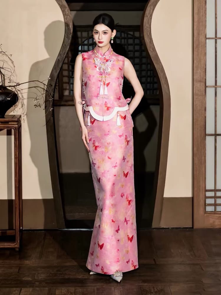 Beth and Brian Qipao-JY Lily Butterfly Print Brocade Satin Cheongsam set | Bespoke avalible