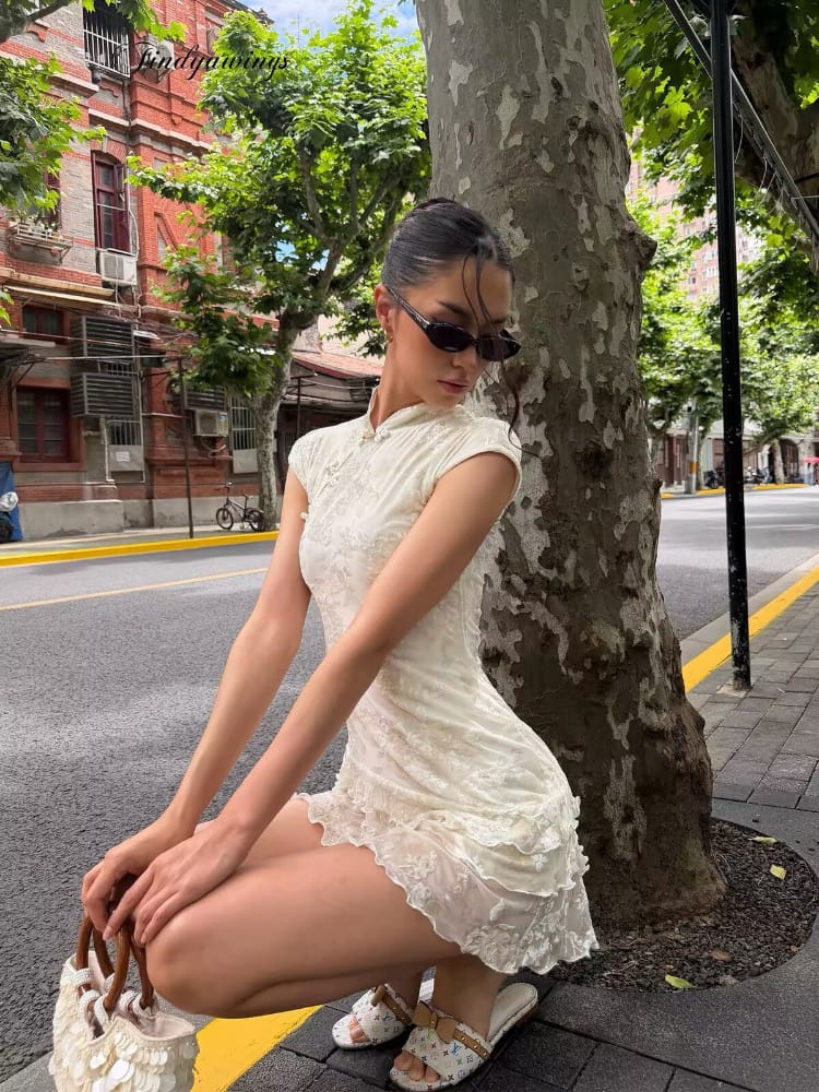 Beth and Brian Qipao-FYW Luna Floral Mini Cheongsam with Lace Ruffle Hem