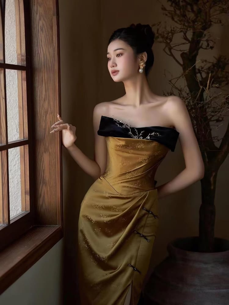 Beth and Brian Qipao-YJ Zoe Strapless Long Cheongsam Dress