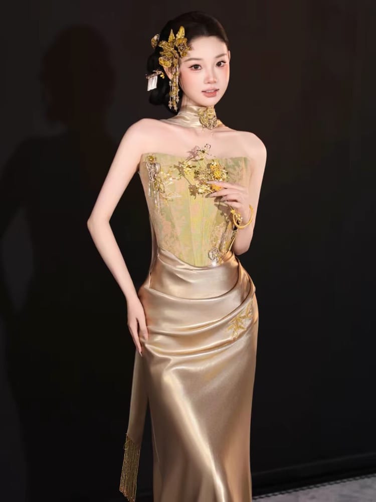Beth and Brian Qipao-RY Chloe Strapless Satin Mermaid Cheongsam Gown