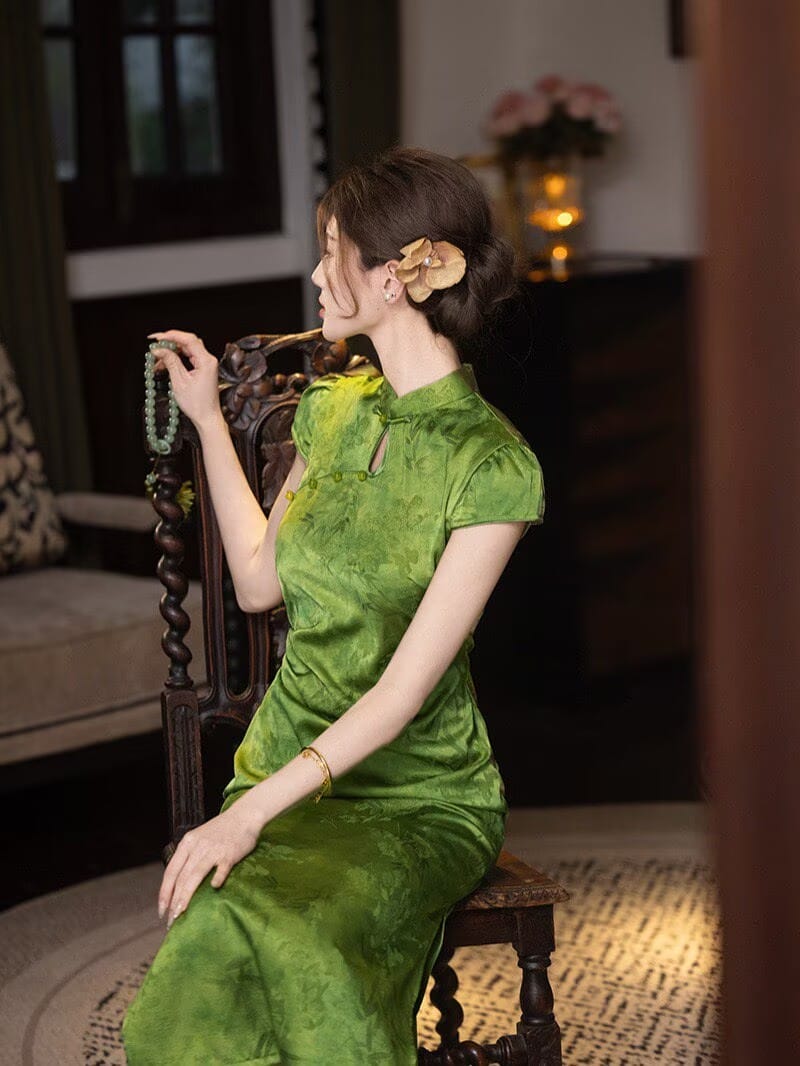 Beth and Brian Qipao-YT Chloe Green Bamboo Print Midi Cheongsam