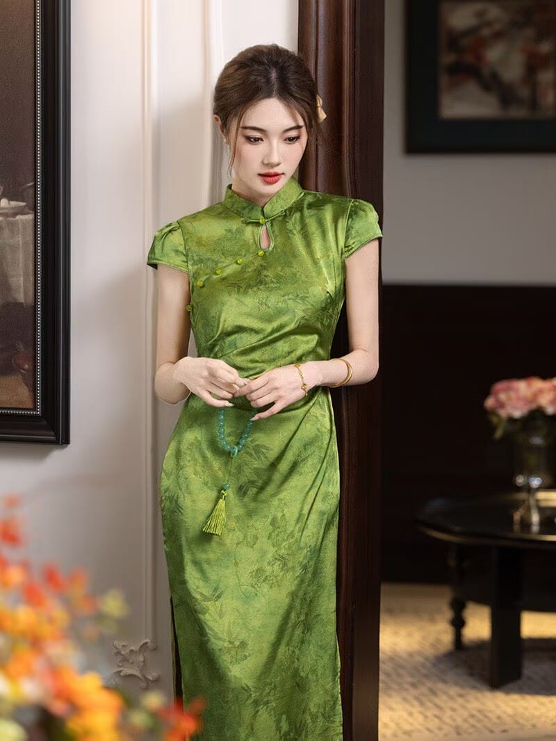 Beth and Brian Qipao-YT Chloe Green Bamboo Print Midi Cheongsam
