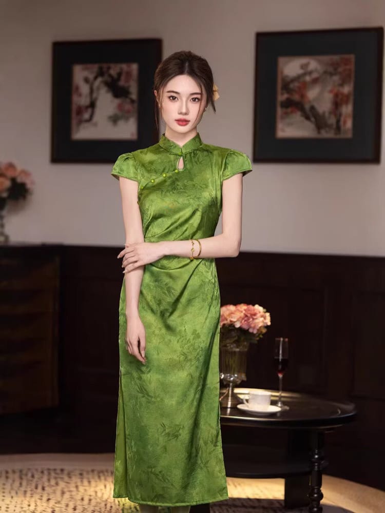 Beth and Brian Qipao-YT Chloe Green Bamboo Print Midi Cheongsam