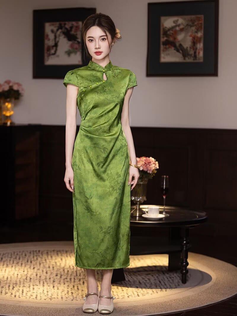 Beth and Brian Qipao-YT Chloe Green Bamboo Print Midi Cheongsam