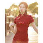 Beth and Brian qipao-DAF Ivy Red Lace Midi Cheongsam Dress