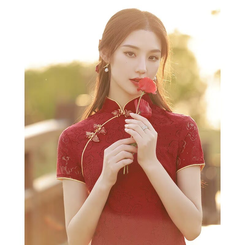 Beth and Brian qipao-DAF Ivy Red Lace Midi Cheongsam Dress