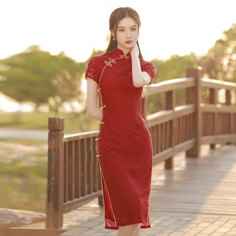 Beth and Brian qipao-DAF Ivy Red Lace Midi Cheongsam Dress