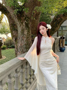 Beth and Brian qipao-DAF Zoe Lace Halter Cheongsam Dress with Chiffon Cape Two-Piece Set
