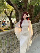 Beth and Brian qipao-DAF Zoe Lace Halter Cheongsam Dress with Chiffon Cape Two-Piece Set