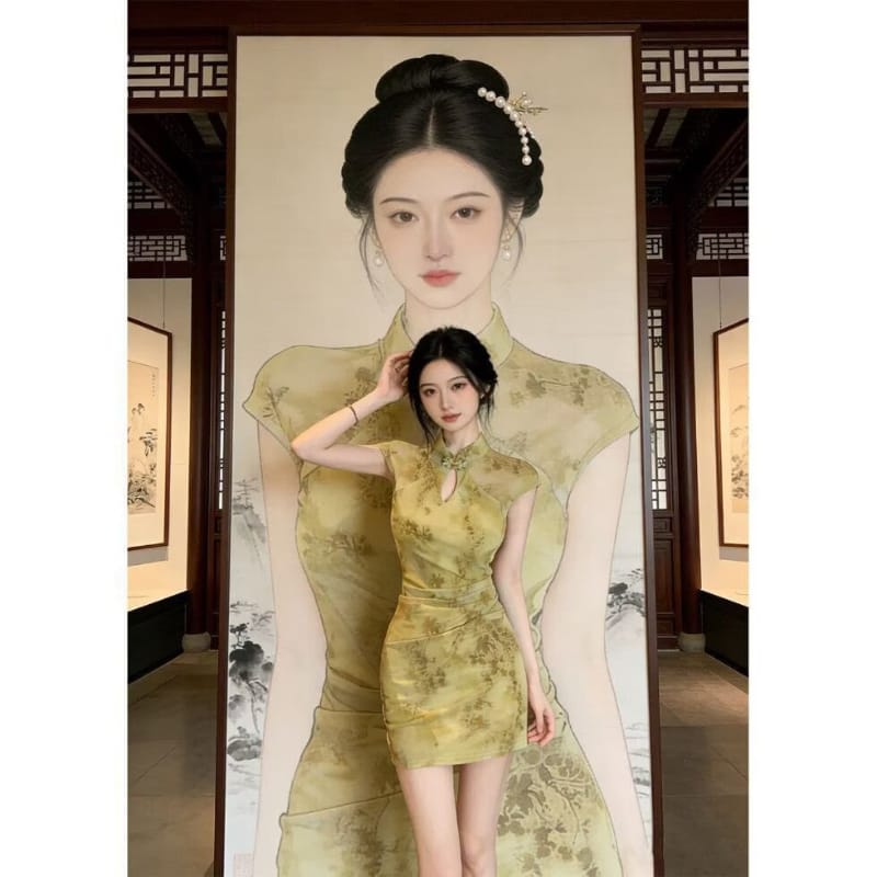 Beth and Brian qipao-DAF Chloe Floral Print Mini Cheongsam Dress With Cap Sleeves
