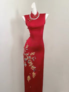Beth and Brian Qipao-SGN Ruby Red Koi Fish & Floral Embroidery Sleeveless Midi Cheongsam