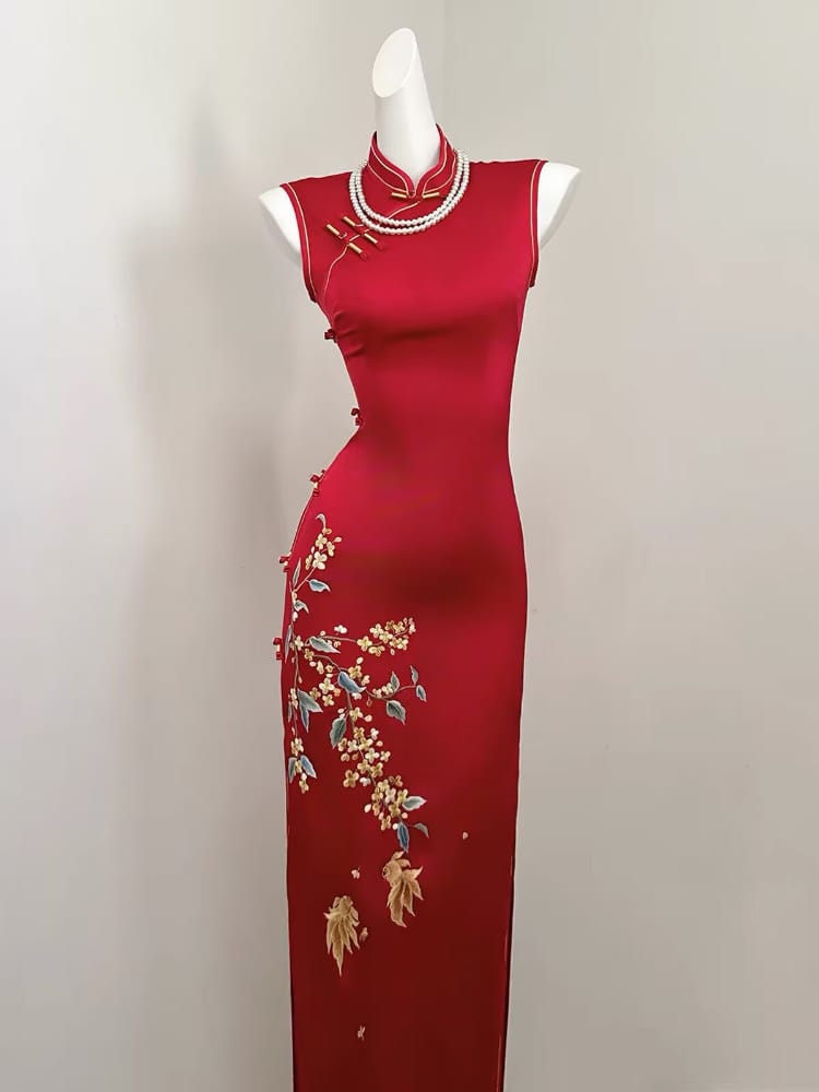 Beth and Brian Qipao-SGN Ruby Red Koi Fish & Floral Embroidery Sleeveless Midi Cheongsam