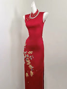 Beth and Brian Qipao-SGN Ruby Red Koi Fish & Floral Embroidery Sleeveless Midi Cheongsam