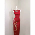 Beth and Brian Qipao-SGN Ruby Red Koi Fish & Floral Embroidery Sleeveless Midi Cheongsam