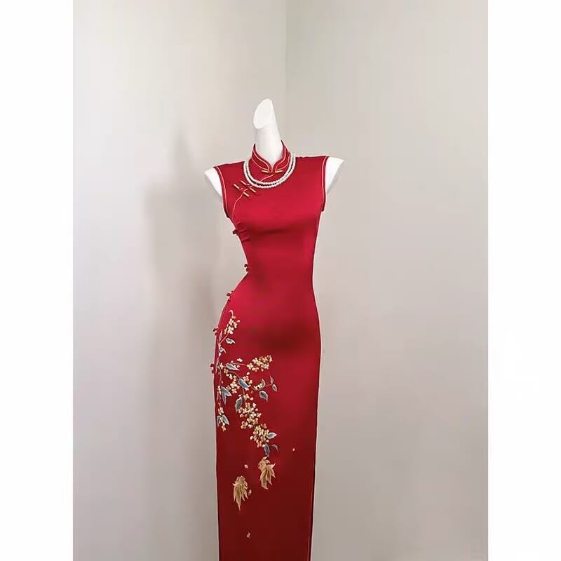 Beth and Brian Qipao-SGN Ruby Red Koi Fish & Floral Embroidery Sleeveless Midi Cheongsam