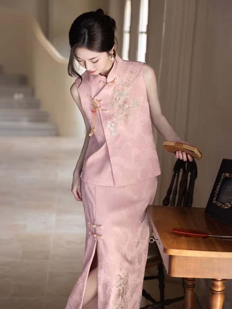 Beth and Brian Qipao-MY Bonnie Brocade Sleeveless Pink Cheongsam Set