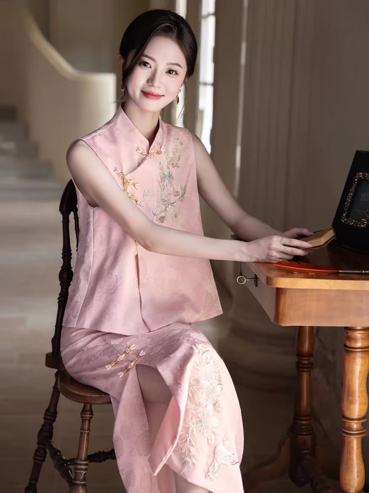Beth and Brian Qipao-MY Bonnie Brocade Sleeveless Pink Cheongsam Set