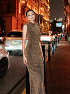 Beth and Brian Qipao-DSL Chloe Gold Glitter Mermaid Long Cheongsam Dress