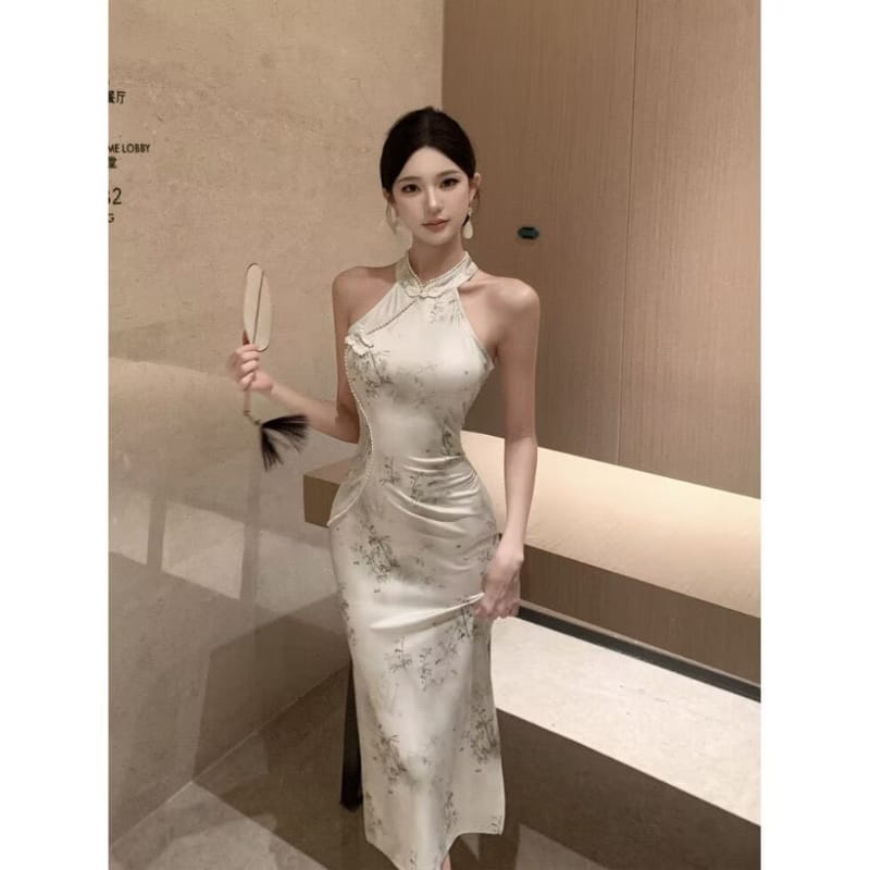 Beth and Brian qipao-DAF Stella Halter Ink Bamboo Print Midi Cheongsam
