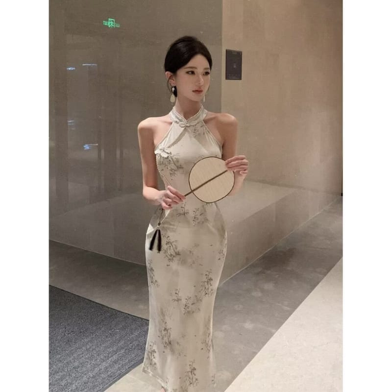 Beth and Brian qipao-DAF Stella Halter Ink Bamboo Print Midi Cheongsam