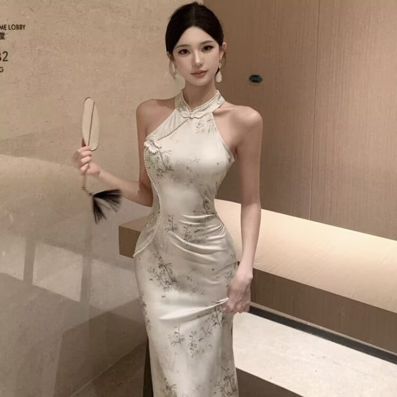Beth and Brian qipao-DAF Stella Halter Ink Bamboo Print Midi Cheongsam