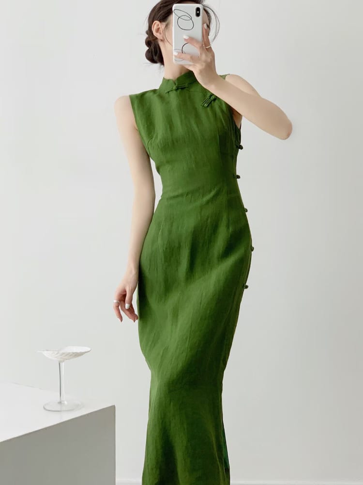 Beth and Brian qipao-DAF Hazel Sleeveless Linen Midi Cheongsam Dress