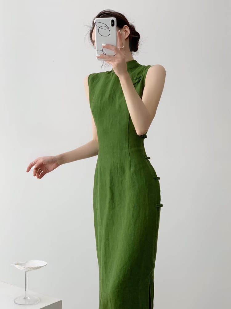 Beth and Brian qipao-DAF Hazel Sleeveless Linen Midi Cheongsam Dress