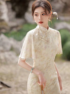 Beth and Brian qipao-DAF Hazel's Mid-Length Floral Cheongsam with Beaded Trim