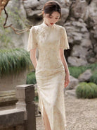 Beth and Brian qipao-DAF Hazel's Mid-Length Floral Cheongsam with Beaded Trim