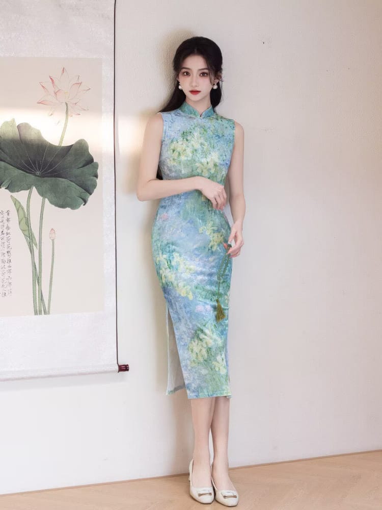 Beth and Brian Qipao-MYJ Chloe's Sleeveless Midi Cheongsam with Impressionist Floral Print