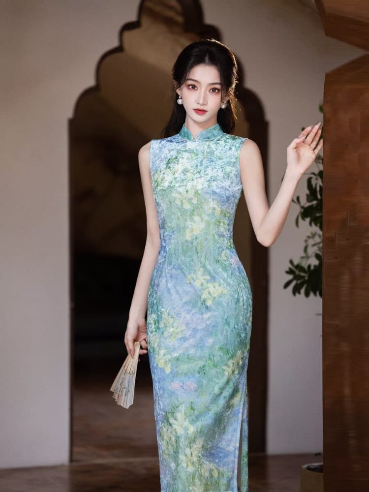 Beth and Brian Qipao-MYJ Chloe's Sleeveless Midi Cheongsam with Impressionist Floral Print
