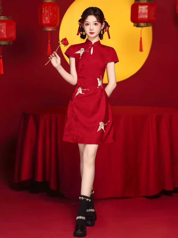 Beth and Brian Qipao-HYS Lily's Butterfly Embroidery Red Short Cheongsam Dress